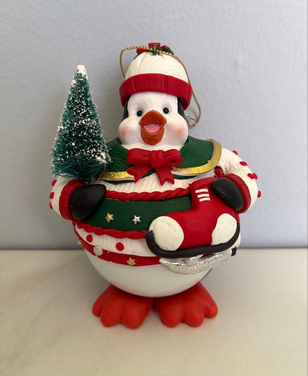 Vintage Traditions Glass & Clay Christmas Ornament – Penguin Ice Skating In Box